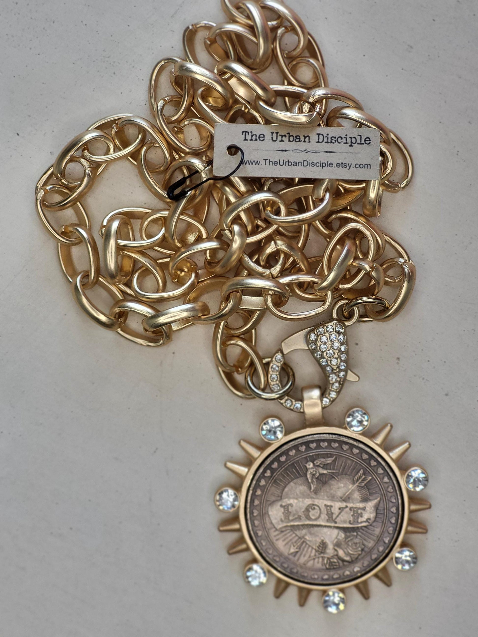 Burnished Silver Coin Necklace-Reproduction Liberty Coin Pendant--Large CZ Clasp -Long Gold Rolo Chain-Gold Bezel Coin-Vintage Coin Jewelry