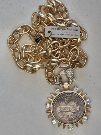 Silver Coin Necklace, Long Statement Necklace -Large CZ Clasp -Custom Length, Chunky Gold Oval Link Chain-Vintage Coin Jewelry
