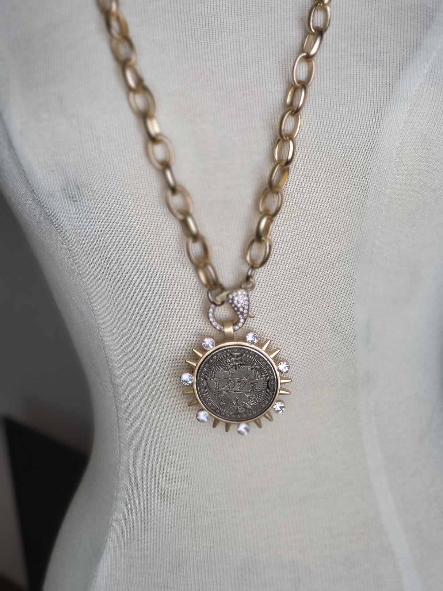 Burnished Silver Coin Necklace-Reproduction Liberty Coin Pendant--Large CZ Clasp -Long Gold Rolo Chain-Gold Bezel Coin-Vintage Coin Jewelry