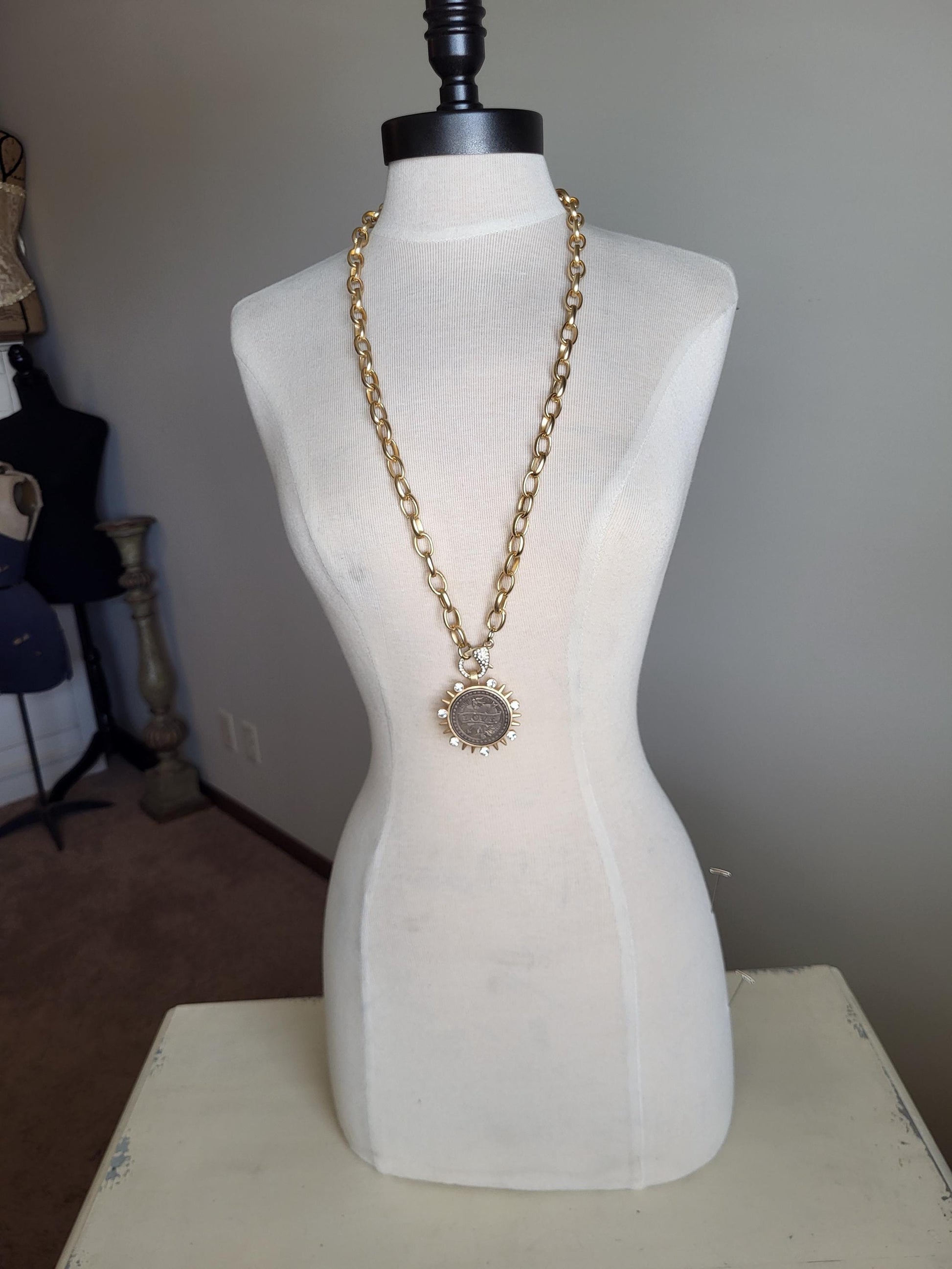 Silver Coin Necklace, Long Statement Necklace -Large CZ Clasp -Custom Length, Chunky Gold Oval Link Chain-Vintage Coin Jewelry