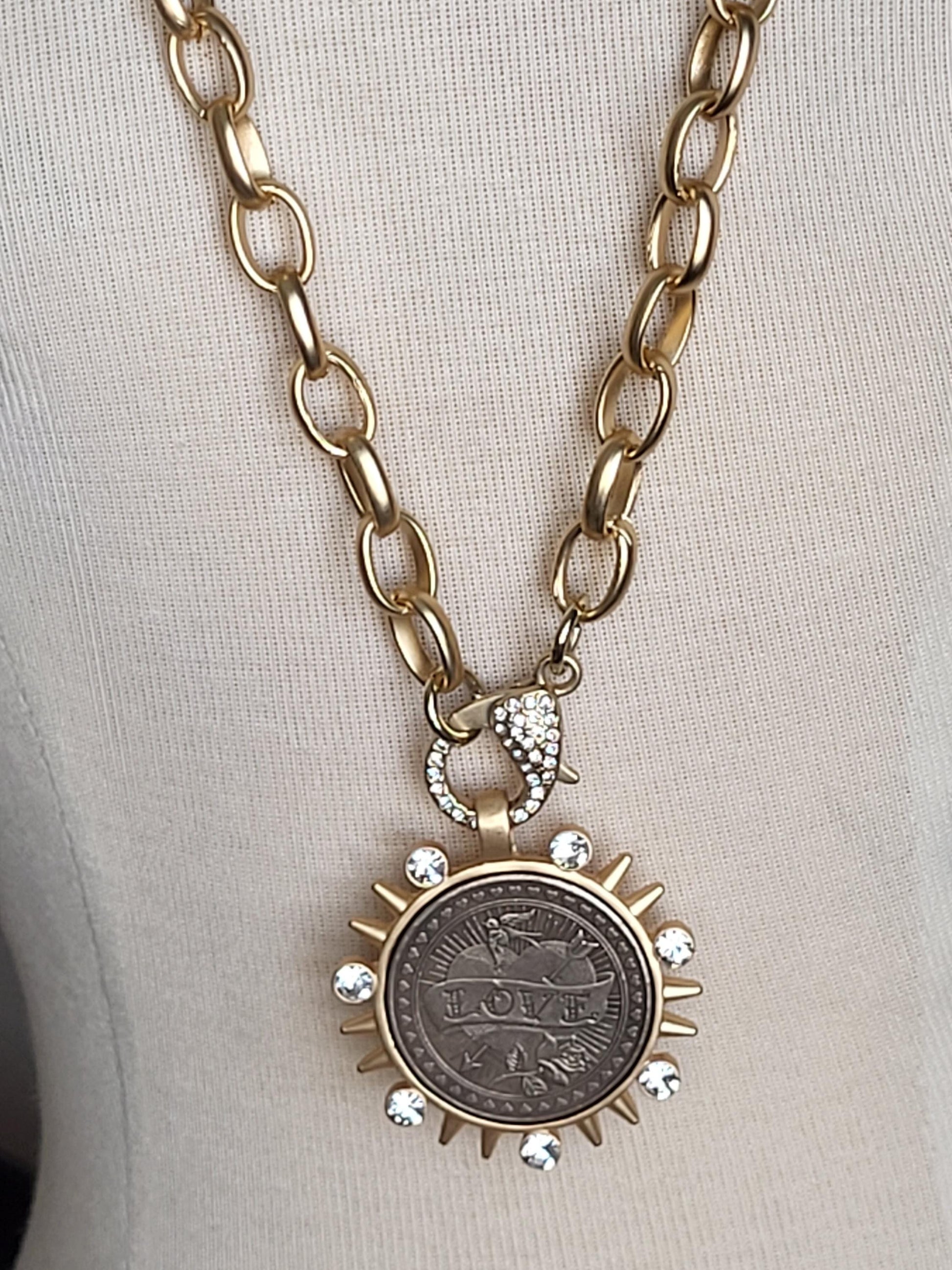 Burnished Silver Coin Necklace-Reproduction Liberty Coin Pendant--Large CZ Clasp -Long Gold Rolo Chain-Gold Bezel Coin-Vintage Coin Jewelry