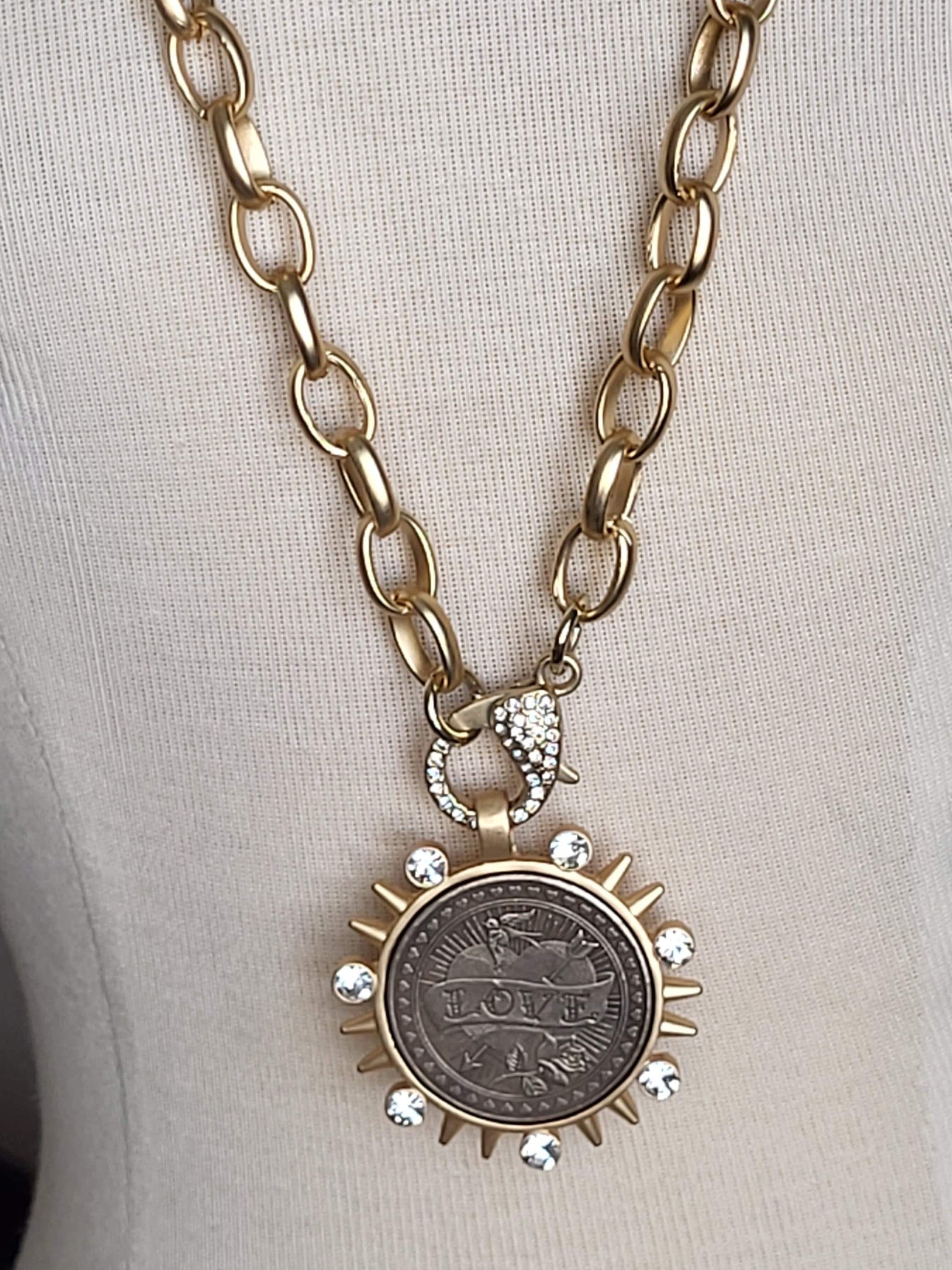 Silver Coin Necklace, Long Statement Necklace -Large CZ Clasp -Custom Length, Chunky Gold Oval Link Chain-Vintage Coin Jewelry