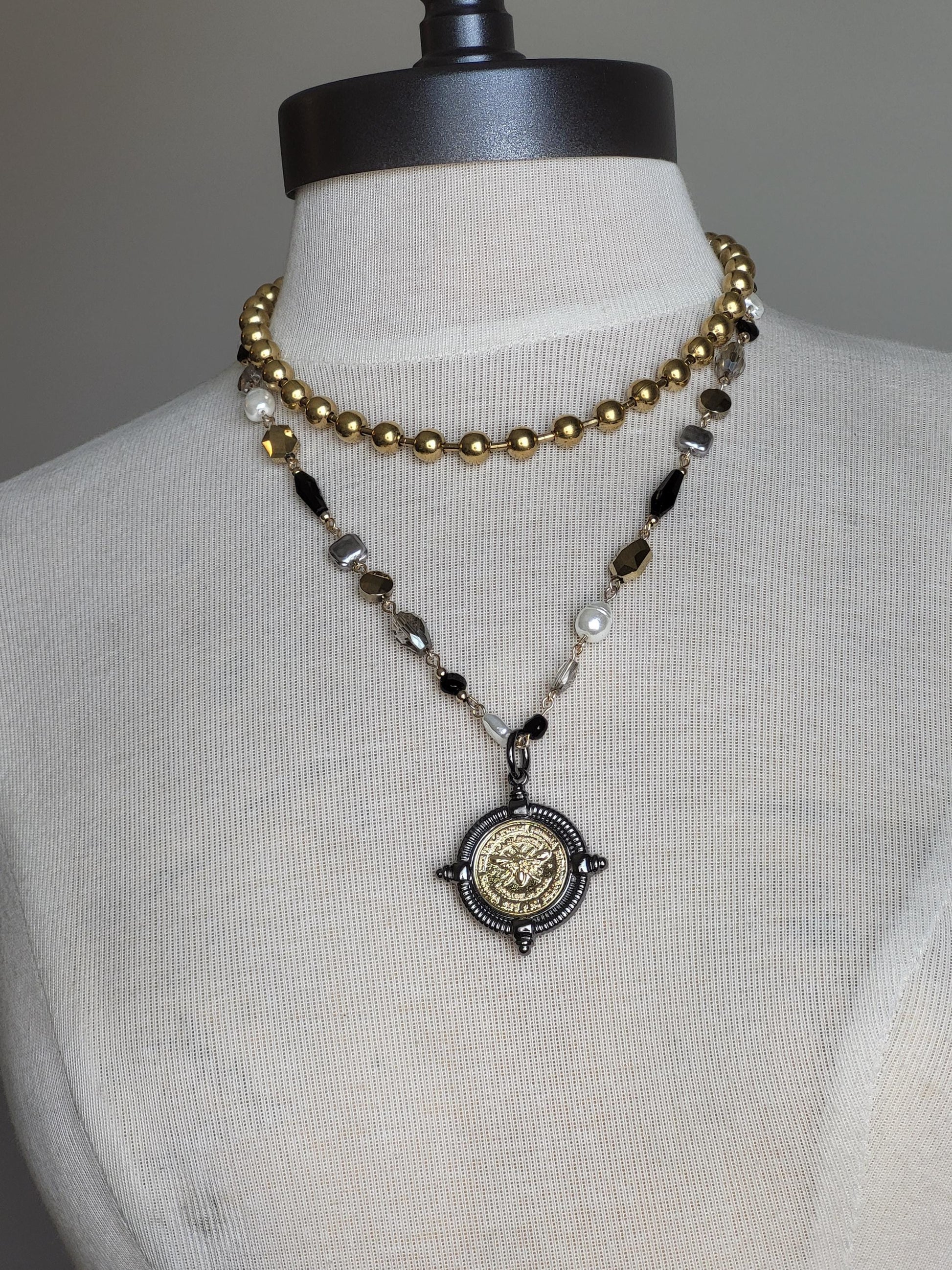 Beaded necklace with gold French Bee pendant- Handmade Vintage Glam Jewelry