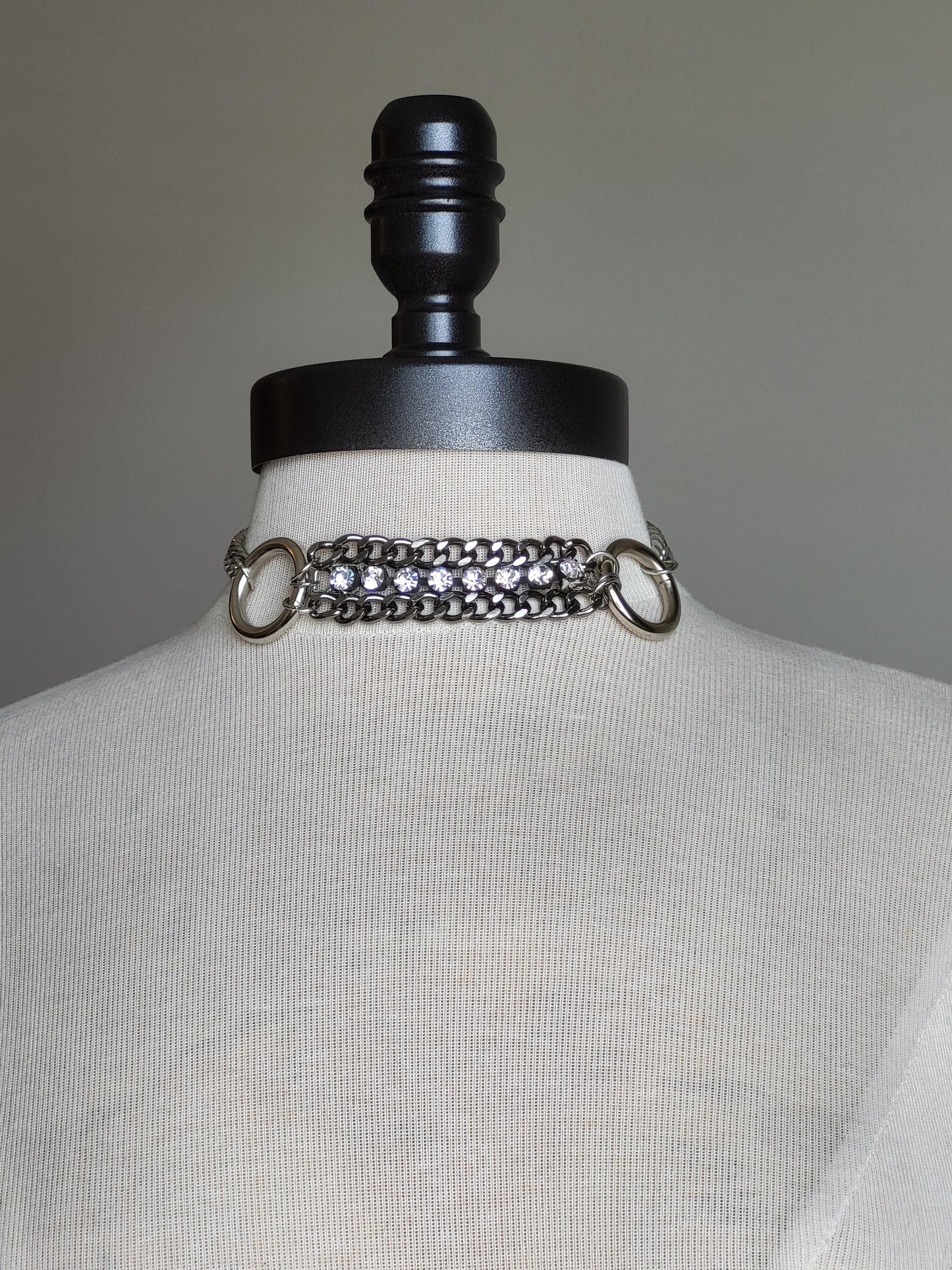 Large Link, Stainless Steel Choker Necklace-Large Silver Cuban Curb Chain, Rhinestone Chain and O Rings-Large Chunky Chain-Handmade Jewelry