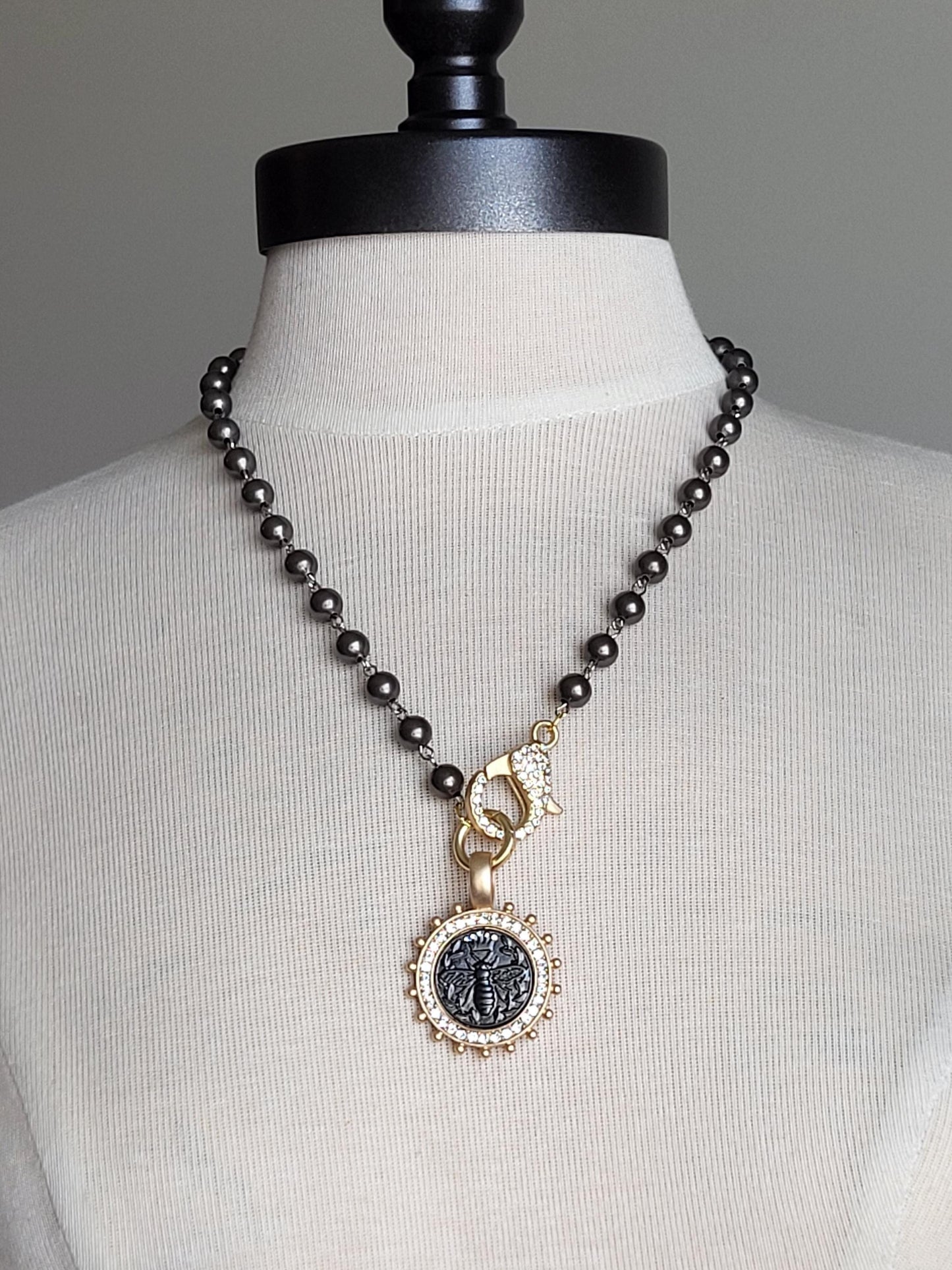 Bee Coin Necklace, Black Pearl Necklace with French Bee Coin Pendant, Honey Bee Jewelry, Rhinestone Clasp, Pearl Necklace