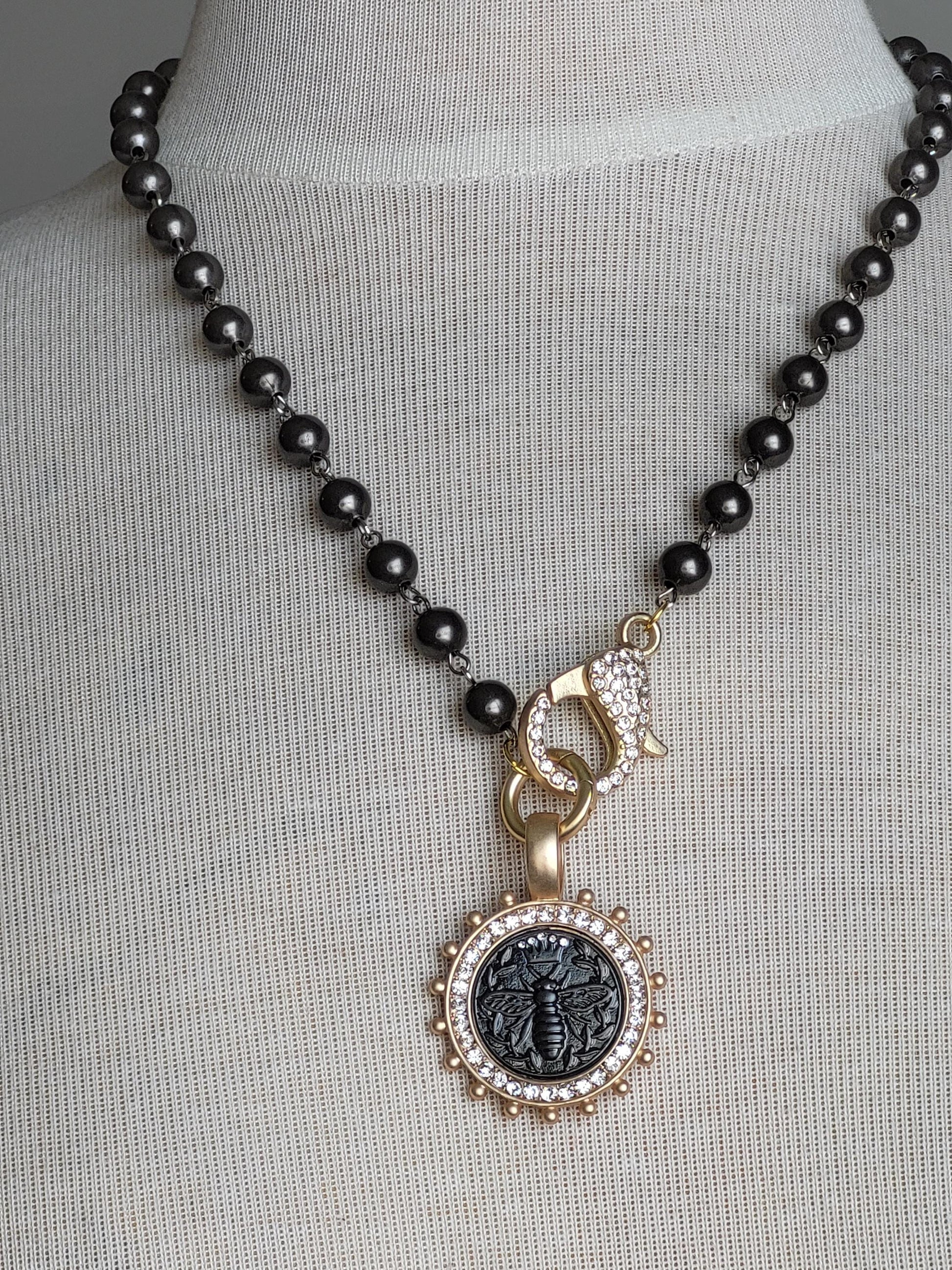 Bee Coin Necklace, Black Pearl Necklace with French Bee Coin Pendant, Honey Bee Jewelry, Rhinestone Clasp, Pearl Necklace