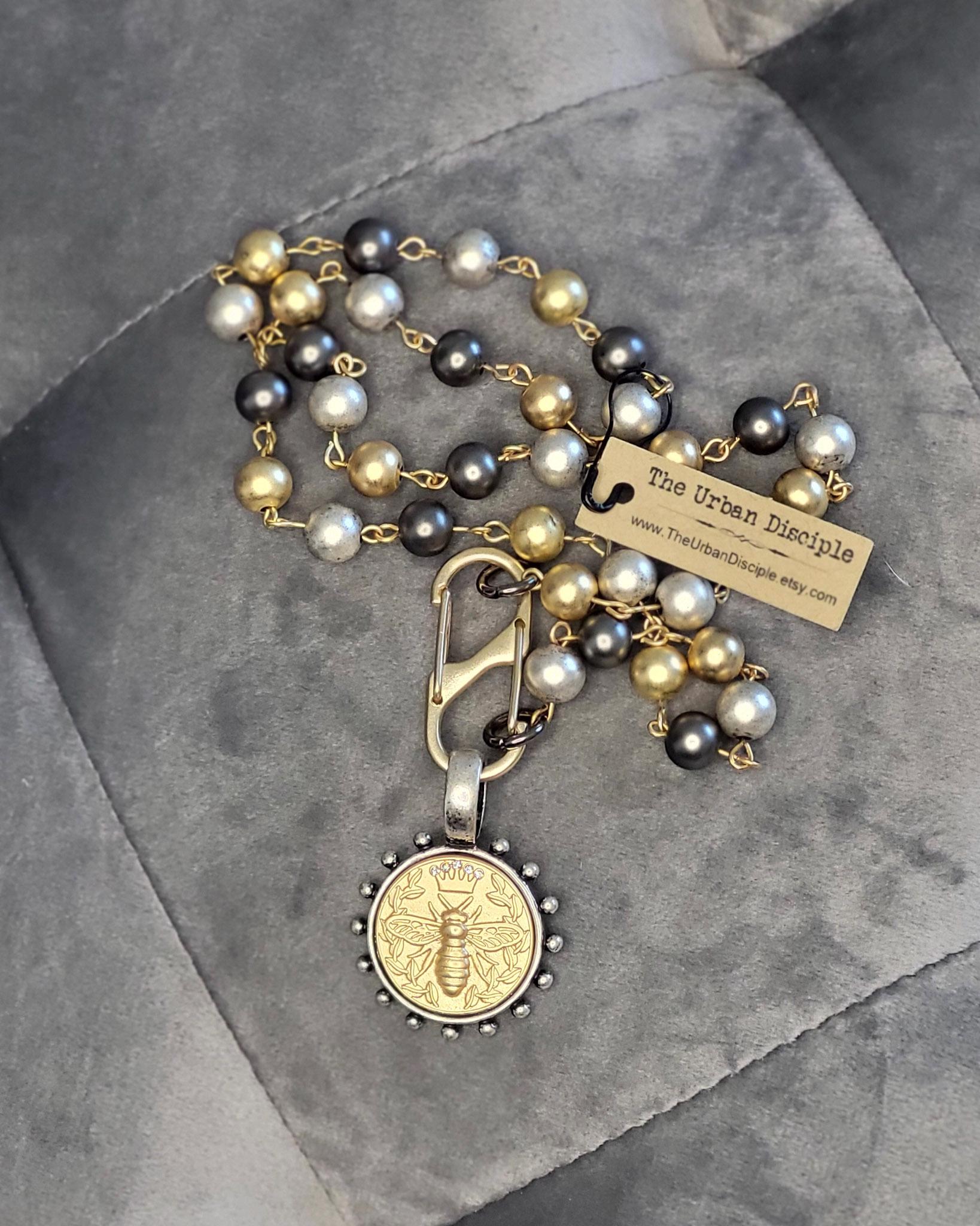 Bee Coin Necklace, Black Pearl Necklace with French Bee Coin Pendant, Honey Bee Jewelry, Rhinestone Clasp, Pearl Necklace