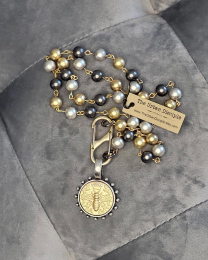 Bee Coin Necklace, Black Pearl Necklace with French Bee Coin Pendant, Honey Bee Jewelry, Rhinestone Clasp, Pearl Necklace