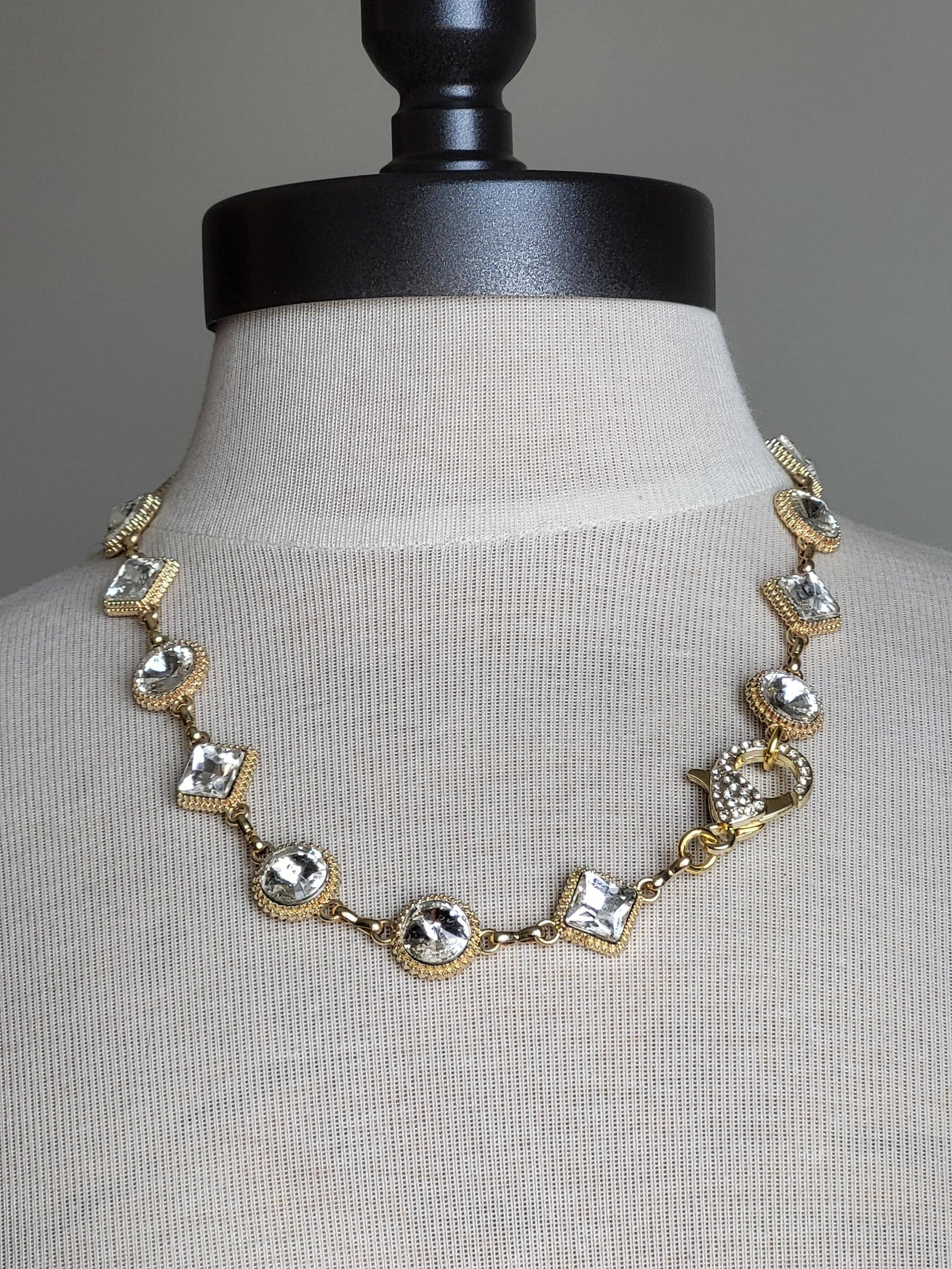 Large Crystal Necklace, Chunky Gold Necklace, Layering Chain With Rhinestone Clasp- Handmade Jewelry