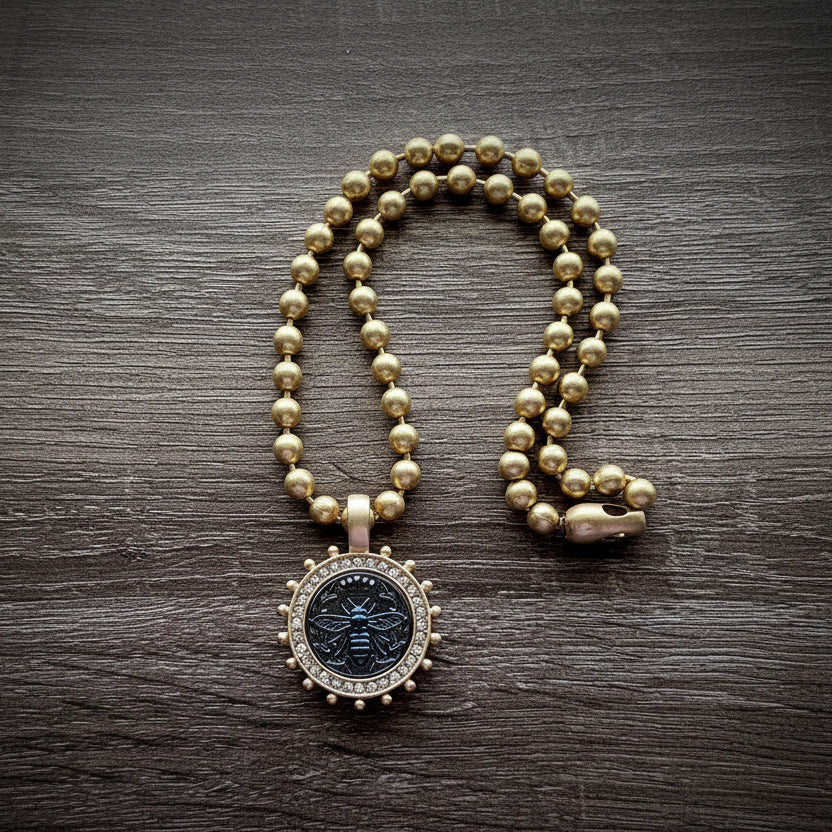 Bee Medallion Necklace, Ball Chain Necklace with French Queen Bee Coin Pendant, Honey Bee Jewelry, Rhinestone Bezel,