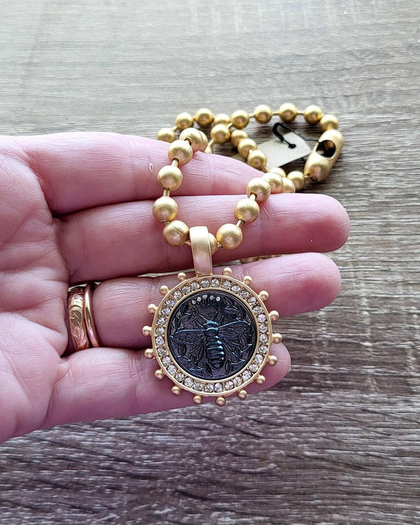 Queen Bee Medallion Necklace: Rhinestone Bezel, Gold Ball Chain