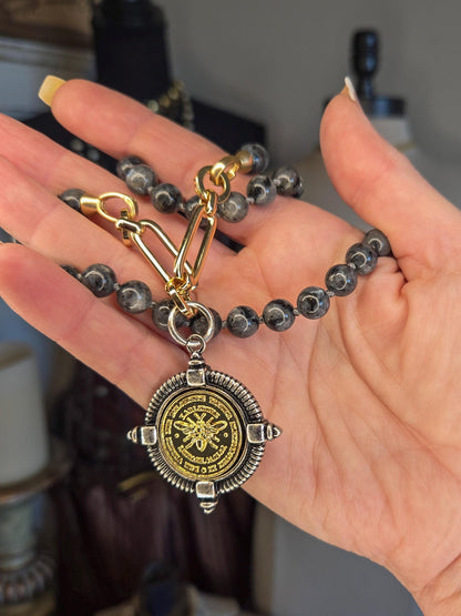 French Bee Coin Pendant on Hand-Knotted Labradorite Necklace - Statement Jewelry- Semi-Precious Stones Necklace