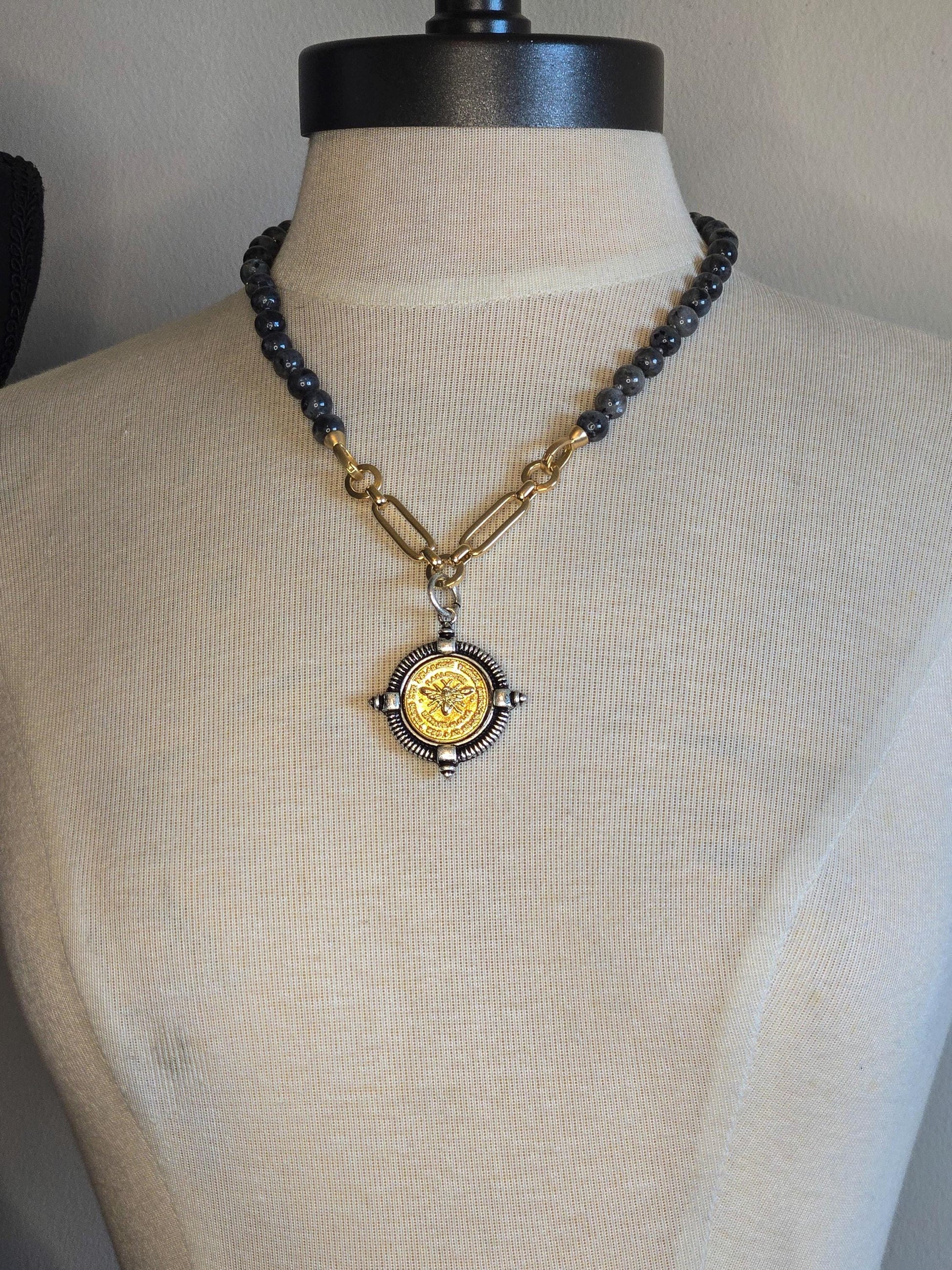 French Bee Coin Pendant on Hand-Knotted Labradorite Necklace - Statement Jewelry- Semi-Precious Stones Necklace