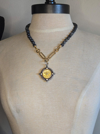 French Bee Coin Pendant on Hand-Knotted Labradorite Necklace - Statement Jewelry- Semi-Precious Stones Necklace