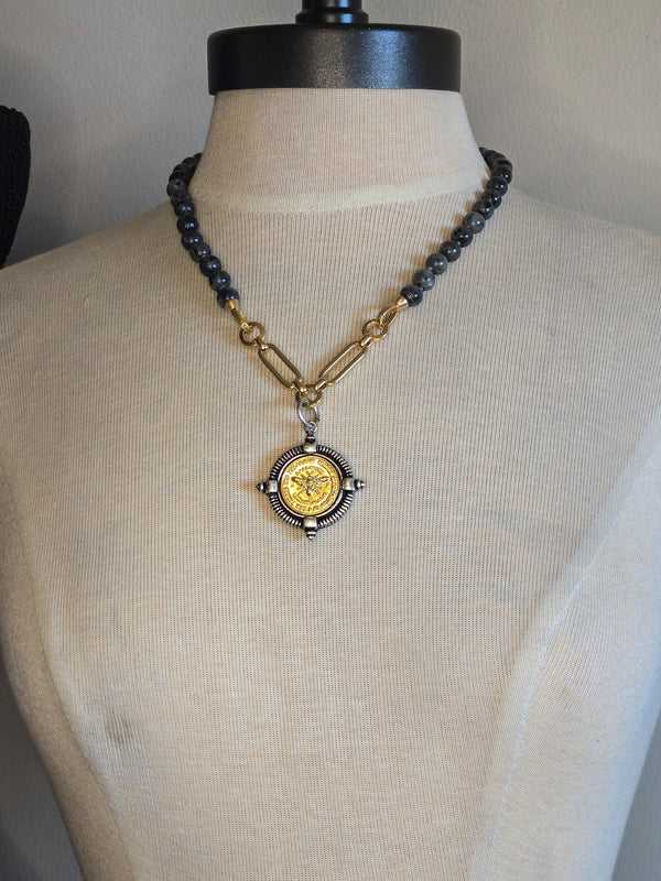 French Bee Coin Pendant on Hand-Knotted Labradorite Necklace - Statement Jewelry- Semi-Precious Stones Necklace