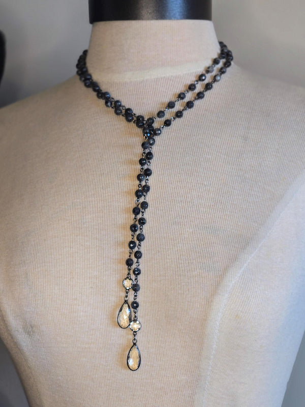 Y Necklace With Austrian Crystals and Genuine Labradorite - Layering Necklace, Statement Jewelry