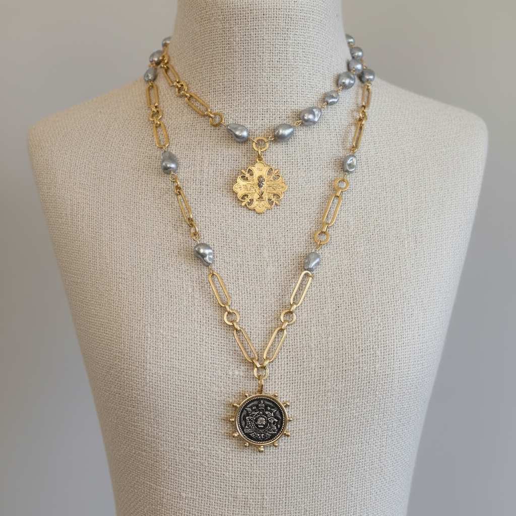 Vintage French Coin Long Necklace:  Le Monde Medallion, Porcelain Baroque Pearls