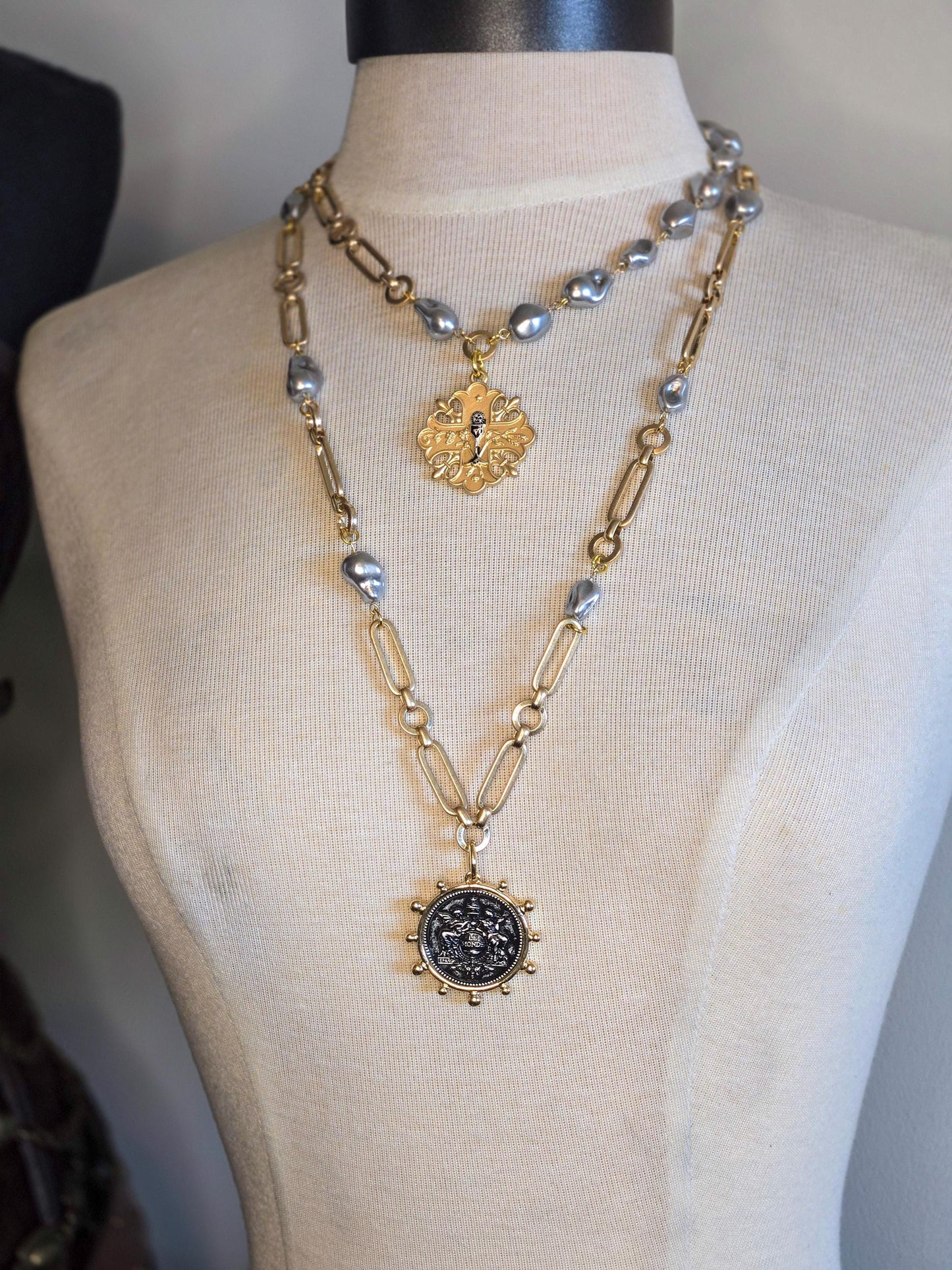 Vintage Style Coin Necklace, French Le Monde Medallion Necklace on Designer Gold Chain With Porcelain Baroque Pearls, Layering Necklace