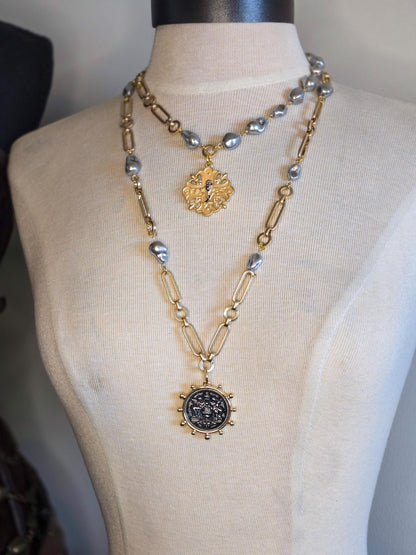 Vintage Style Coin Necklace, French Le Monde Medallion Necklace on Designer Gold Chain With Porcelain Baroque Pearls, Layering Necklace