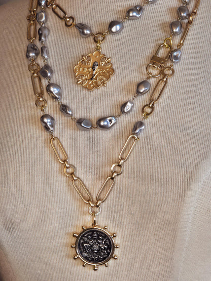 Vintage French Coin Necklace: Le Monde Medallion, Porcelain Baroque Pearls