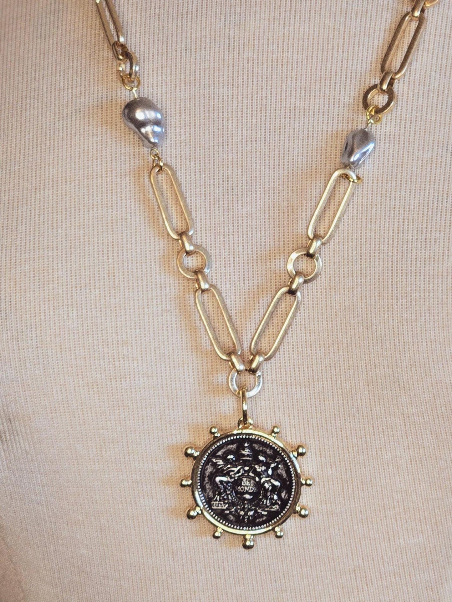 Vintage Style Coin Necklace, French Le Monde Medallion Necklace on Designer Gold Chain With Porcelain Baroque Pearls, Layering Necklace