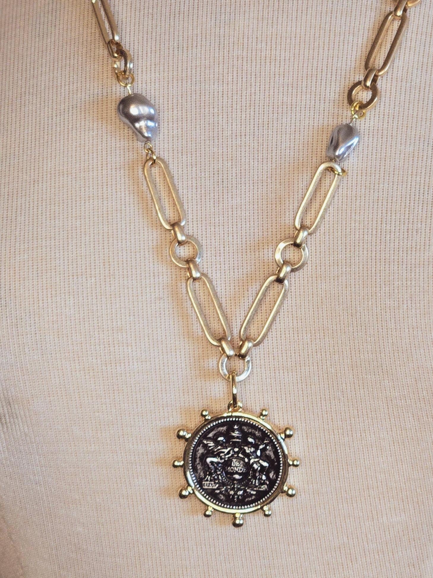 Vintage Style Coin Necklace, French Le Monde Medallion Necklace on Designer Gold Chain With Porcelain Baroque Pearls, Layering Necklace
