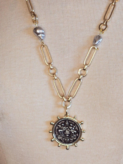 Vintage Style Coin Necklace, French Le Monde Medallion Necklace on Designer Gold Chain With Porcelain Baroque Pearls, Layering Necklace