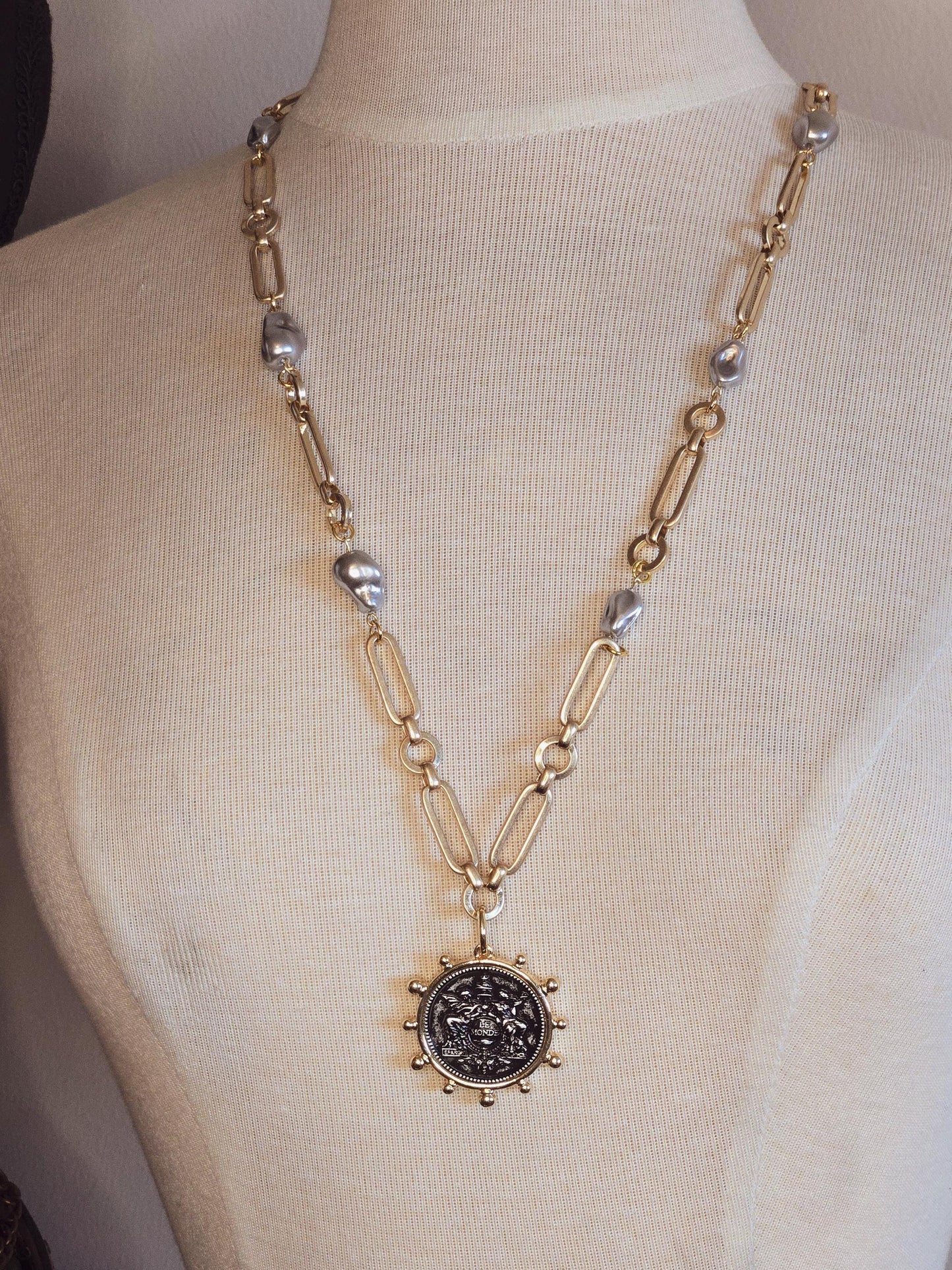 Frosted Gray Baroque Pearls on mixed link 14K gold plated chain with French Le Monde Medallion Pendant. Long necklace.
