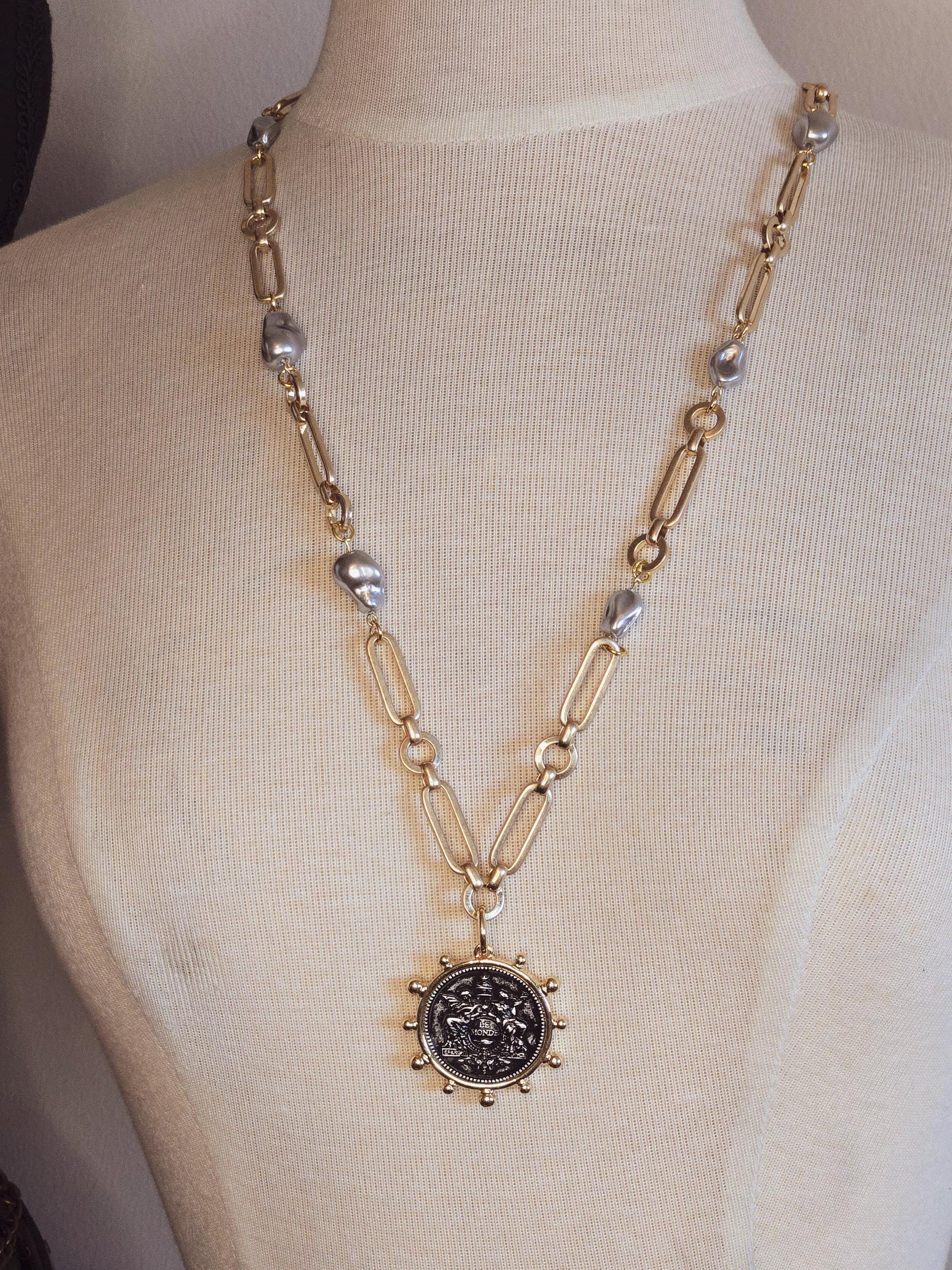 Frosted Gray Baroque Pearls on mixed link 14K gold plated chain with French Le Monde Medallion Pendant. Long necklace.