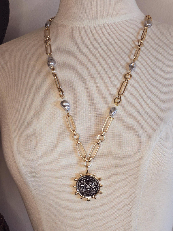 Vintage French Coin Necklace:  Le Monde Medallion, Porcelain Baroque Pearls
