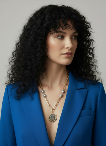 Vintage French Coin Necklace: Le Monde Medallion, Porcelain Baroque Pearls