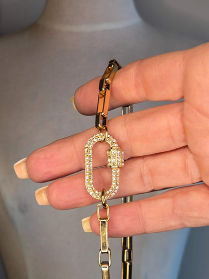 Chunky Paperclip Link Chain Choker Necklace - 14K Gold Plated Chain with Pave Carabiner Clasp
