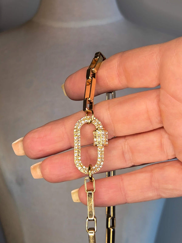 Chunky Paperclip Link Chain Choker Necklace - 14K Gold Plated Chain with Pave Carabiner Clasp