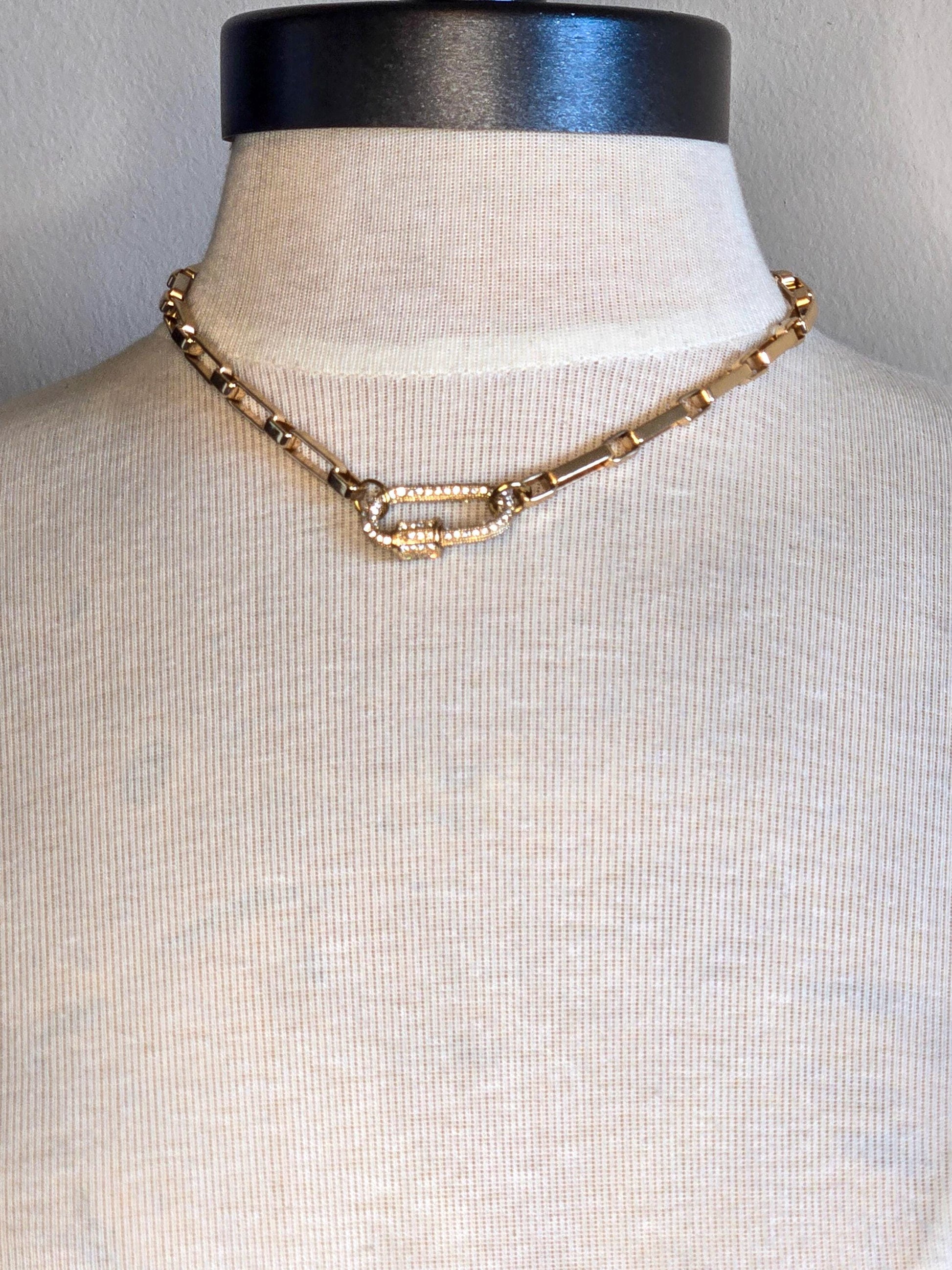 Chunky Paperclip Link Chain Choker Necklace - 14K Gold Plated Chain with Pave Carabiner Clasp