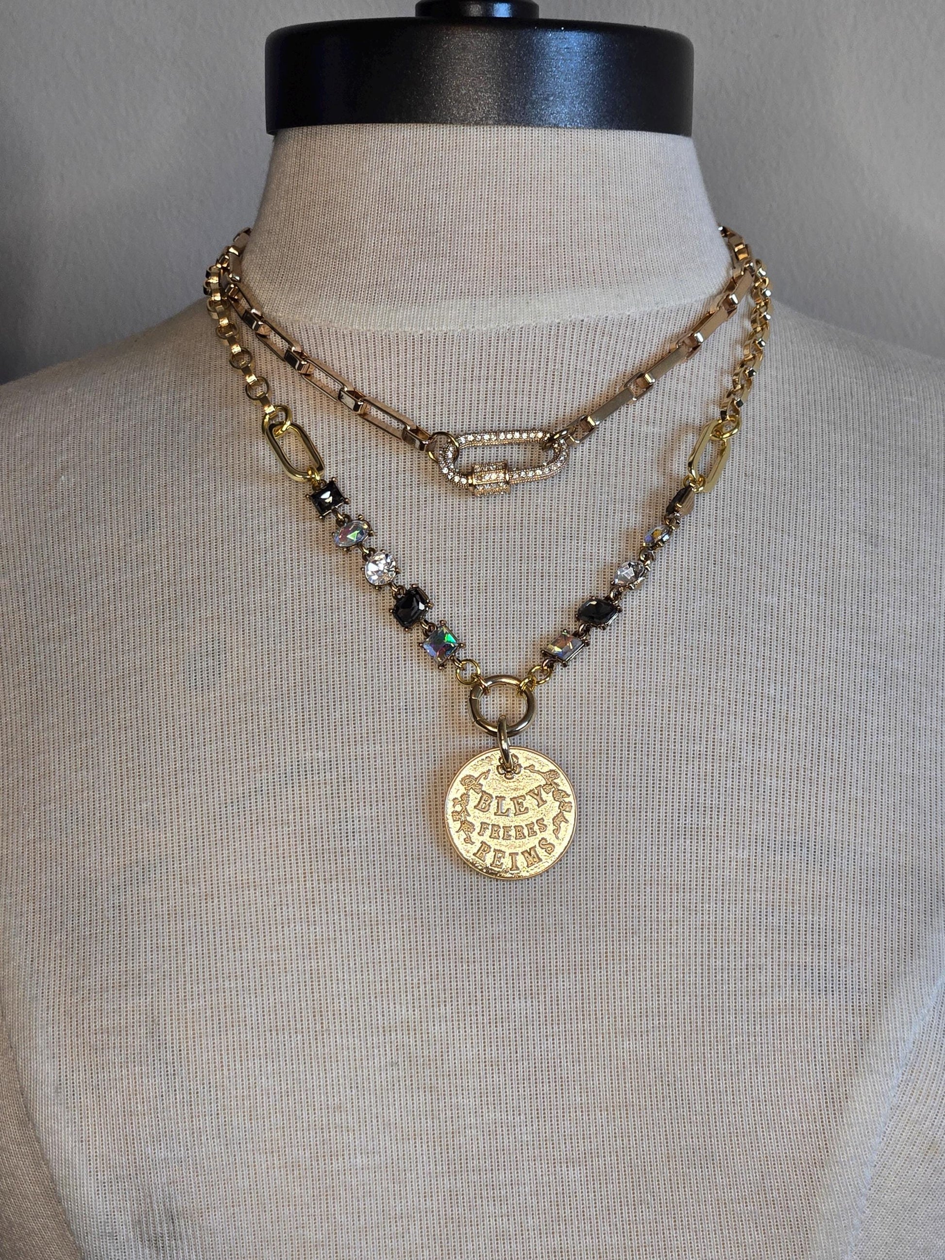 Chunky Paperclip Link Chain Choker Necklace - 14K Gold Plated Chain with Pave Carabiner Clasp
