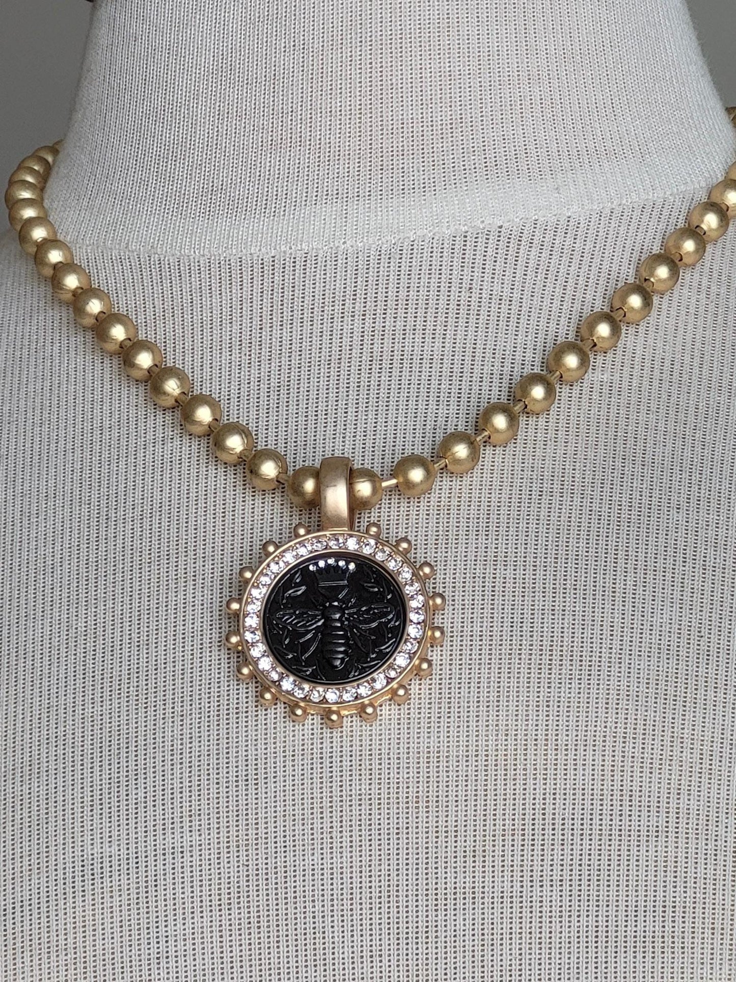 Bee Medallion Necklace, Ball Chain Necklace with French Queen Bee Coin Pendant, Honey Bee Jewelry, Rhinestone Bezel,