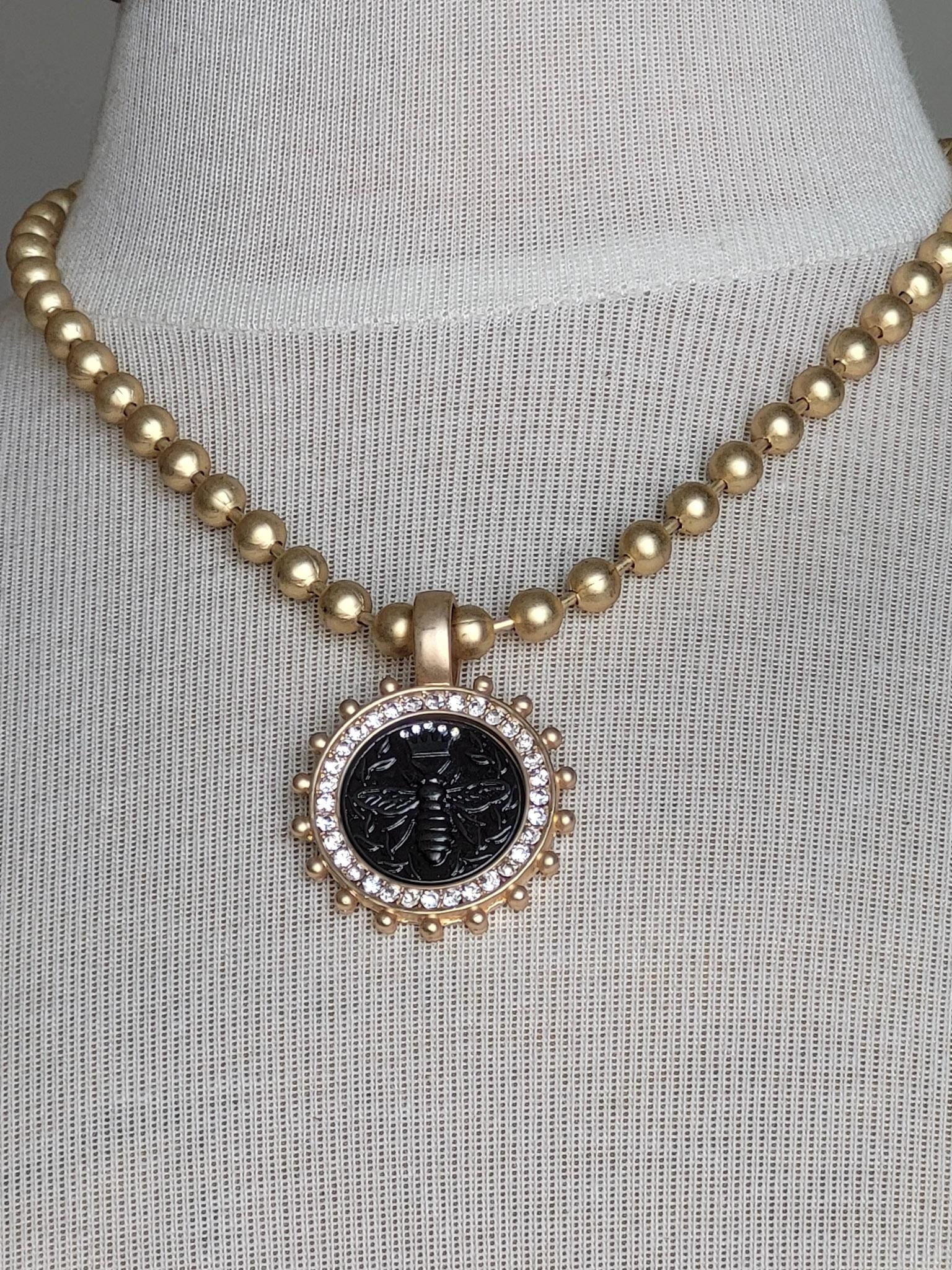 Bee Medallion Necklace, Ball Chain Necklace with French Queen Bee Coin Pendant, Honey Bee Jewelry, Rhinestone Bezel,