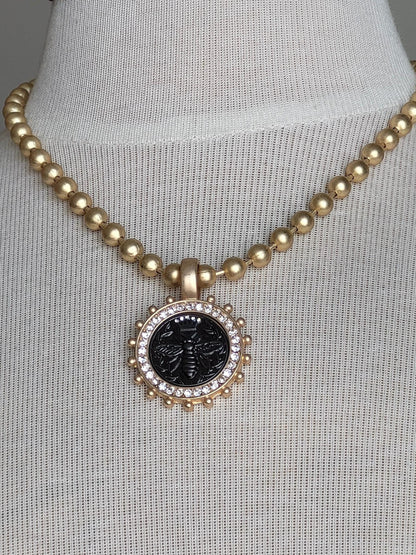 Bee Medallion Necklace, Ball Chain Necklace with French Queen Bee Coin Pendant, Honey Bee Jewelry, Rhinestone Bezel,