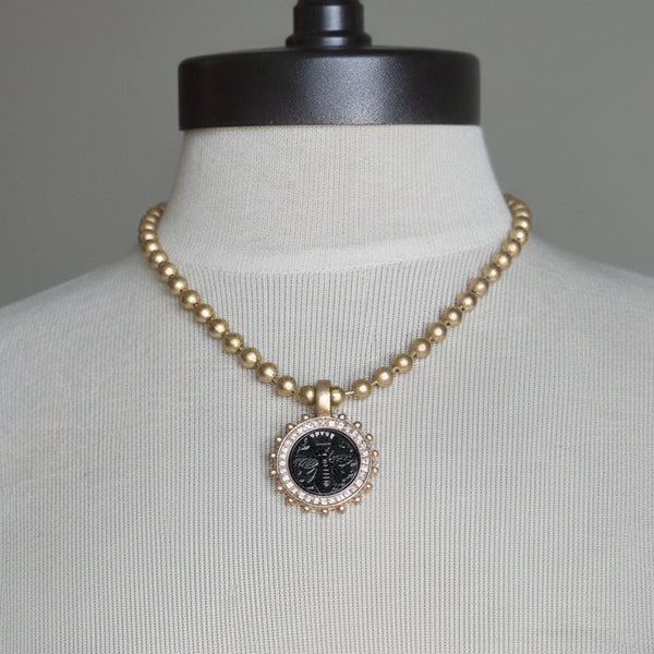 Queen Bee Medallion Necklace: Rhinestone Bezel, Gold Ball Chain