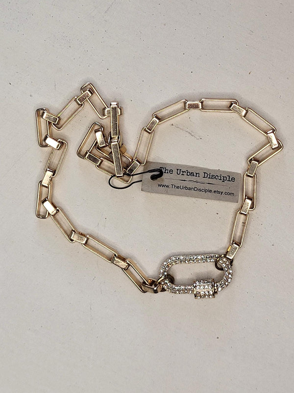 Chunky Paperclip Link Chain Choker Necklace - 14K Gold Plated Chain with Pave Carabiner Clasp