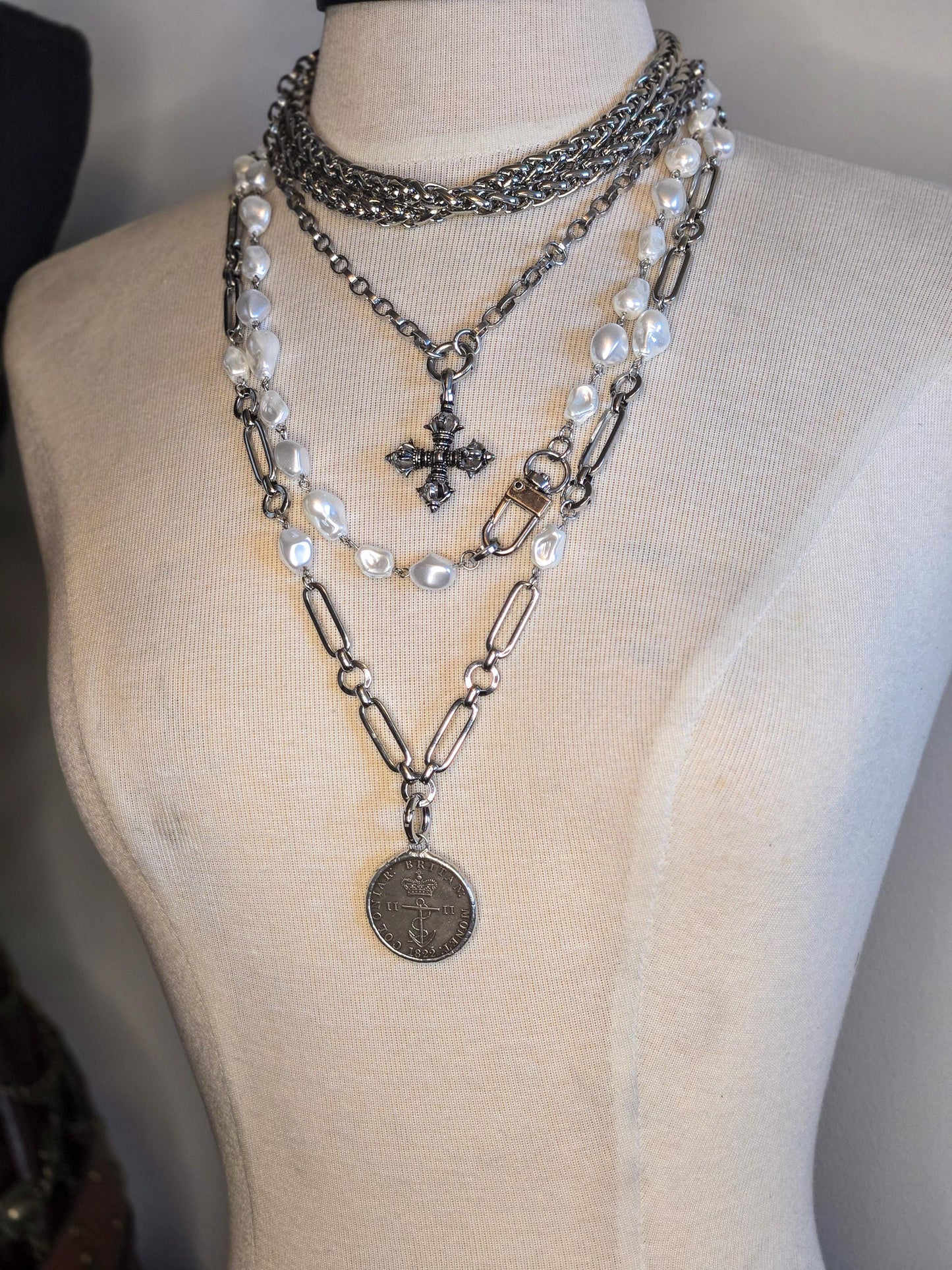 Vintage Style Coin Necklace, British Royal Crown Coin Necklace on Designer Silver Chain With Porcelain Baroque Pearls, Layering Necklace