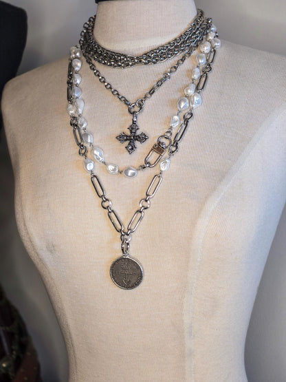 Vintage Style Coin Necklace, British Royal Crown Coin Necklace on Designer Silver Chain With Porcelain Baroque Pearls, Layering Necklace