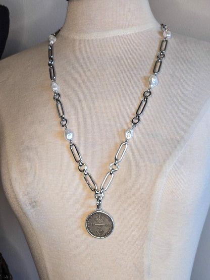 Vintage Style Coin Necklace, British Royal Crown Coin Necklace on Designer Silver Chain With Porcelain Baroque Pearls, Layering Necklace
