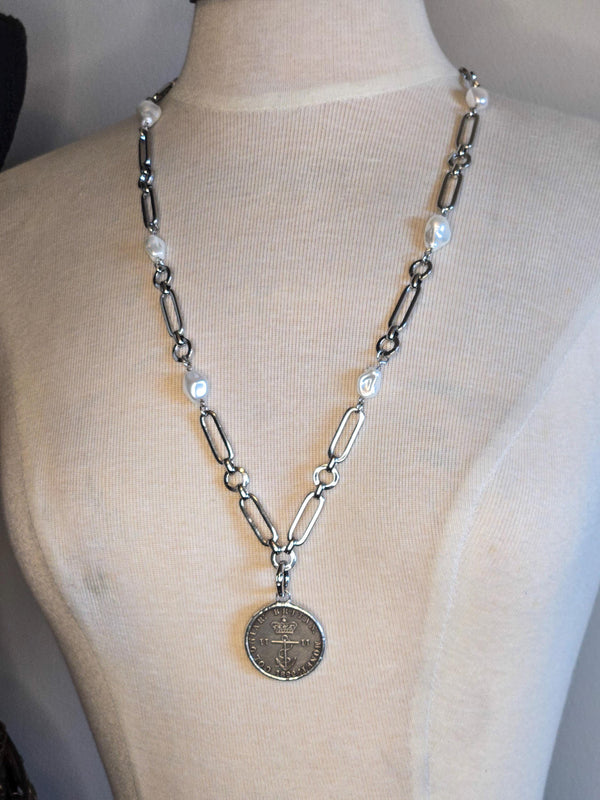 British Royal Crown Coin Necklace: Baroque Pearl Silver Chain