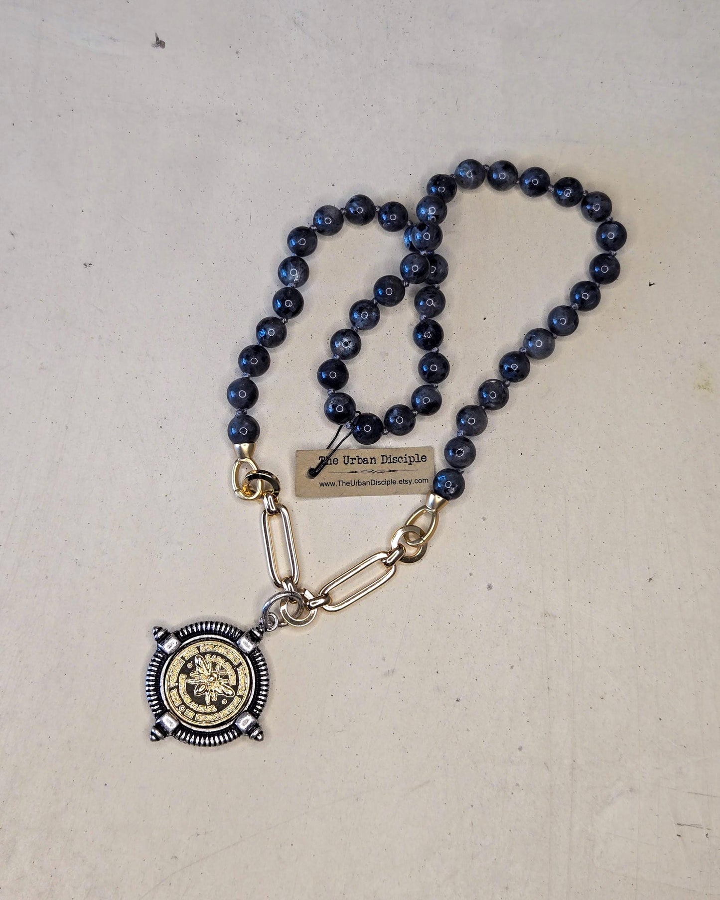 French Bee Coin Pendant on Hand-Knotted Labradorite Necklace - Statement Jewelry- Semi-Precious Stones Necklace
