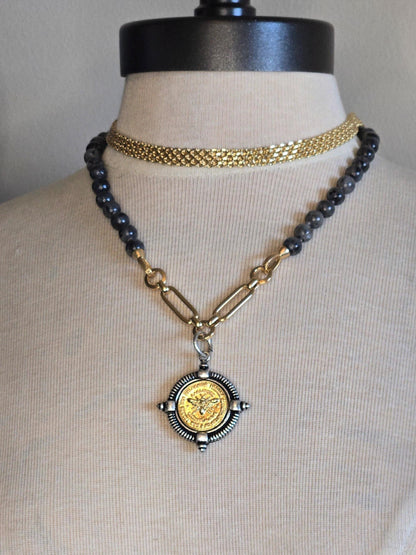 French Bee Coin Pendant on Hand-Knotted Labradorite Necklace - Statement Jewelry- Semi-Precious Stones Necklace