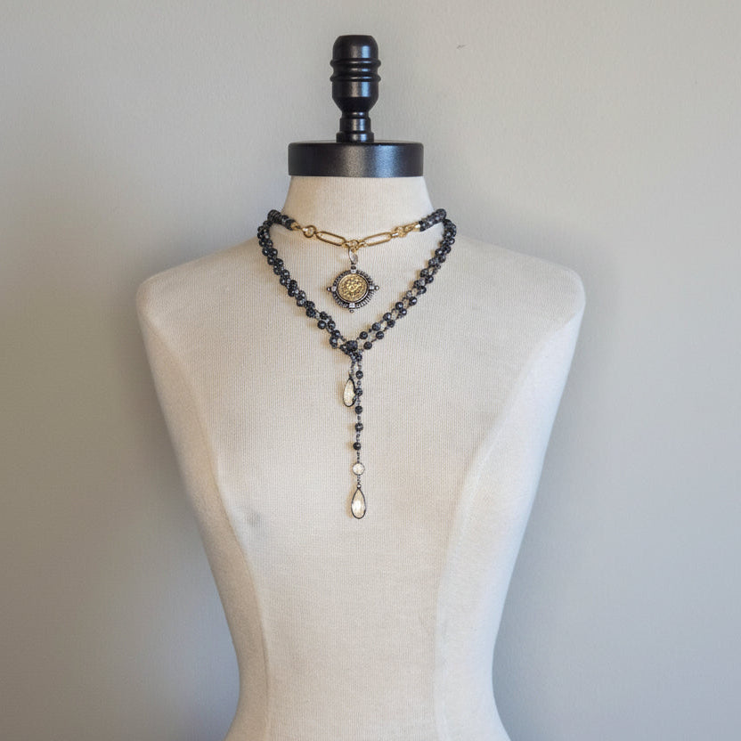 Y Necklace With Austrian Crystals and Genuine Labradorite - Layering Necklace, Statement Jewelry