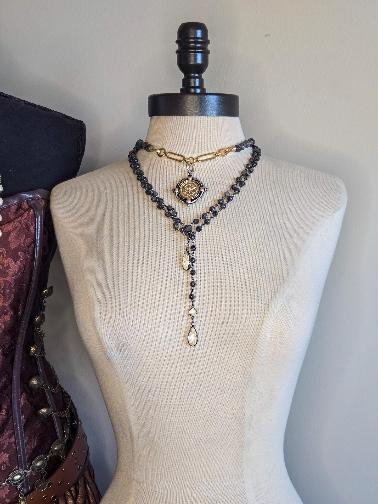 Y Necklace With Austrian Crystals and Genuine Labradorite - Layering Necklace, Statement Jewelry