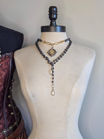 Y Necklace With Austrian Crystals and Genuine Labradorite - Layering Necklace, Statement Jewelry