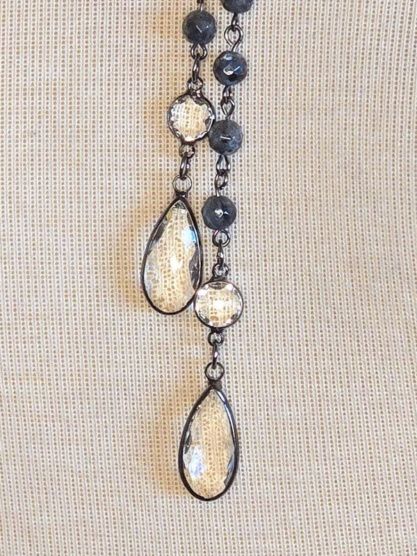 Y Necklace With Austrian Crystals and Genuine Labradorite - Layering Necklace, Statement Jewelry